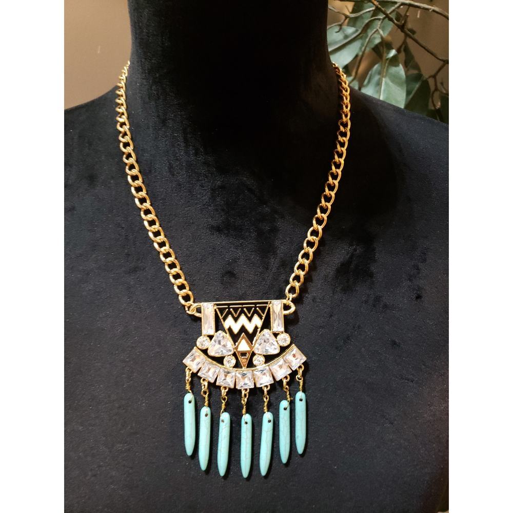 Southwestern Gold Tone Faux Turquoise Black Cream Enamel Rhinestone Necklace